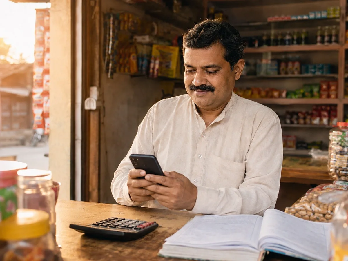 Indian kirana shop owner reviewing sales numbers on his phone with a ledger and calculator, using AI insights to make decisions