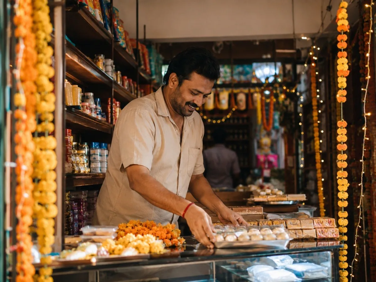 Indian sweet shop owner arranging festive products under marigold garlands and lights, using AI to plan seasonal campaigns