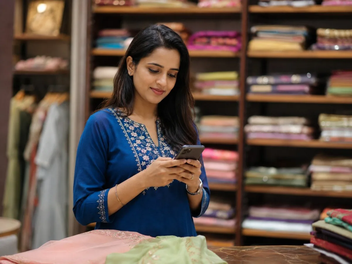 Young Indian woman boutique owner replying to a customer message on her smartphone amid shelves of fabric, answering instantly with AI