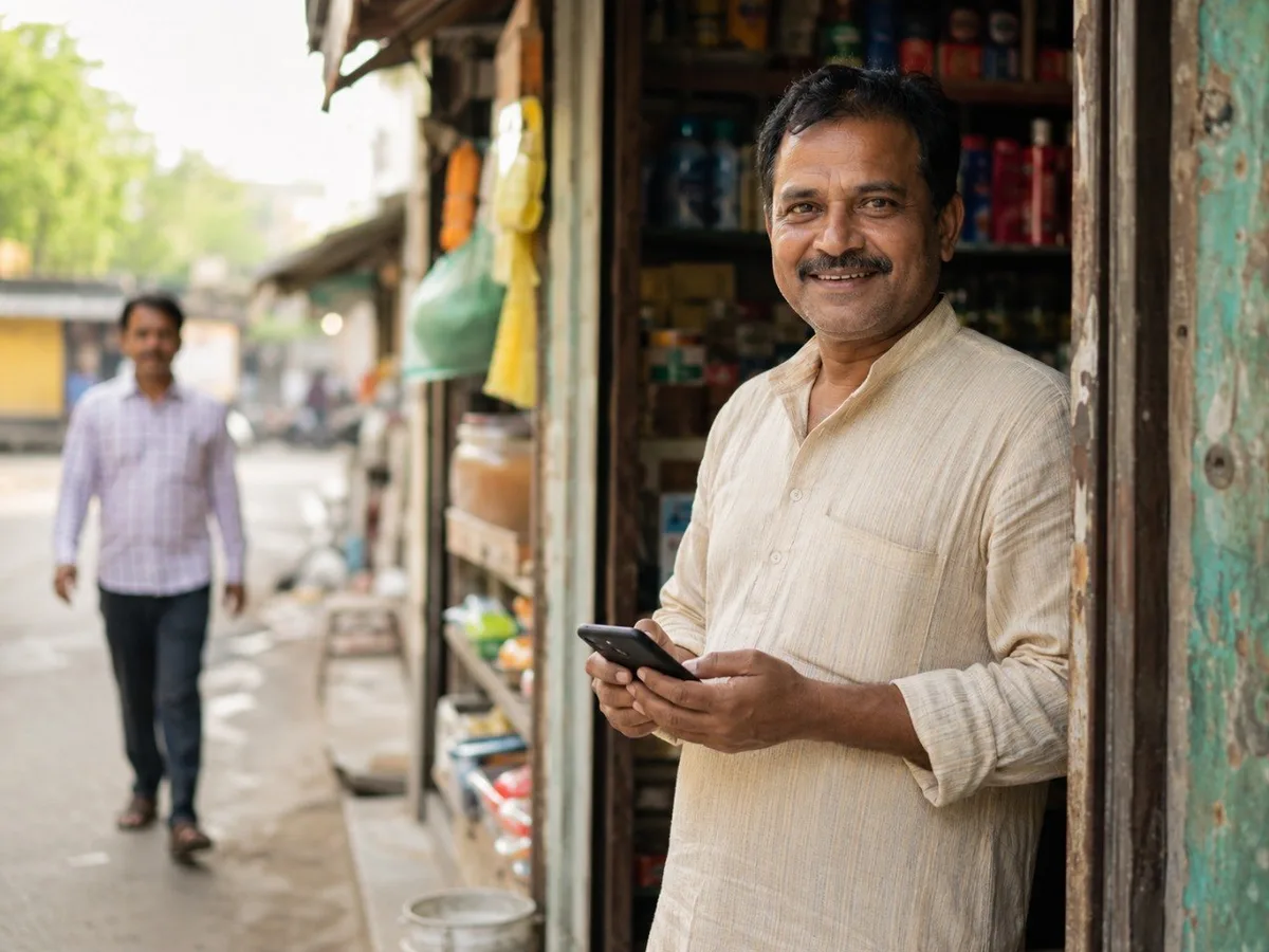 Indian shop owner standing in his store doorway holding a smartphone as a customer walks toward the shop, found online with AI
