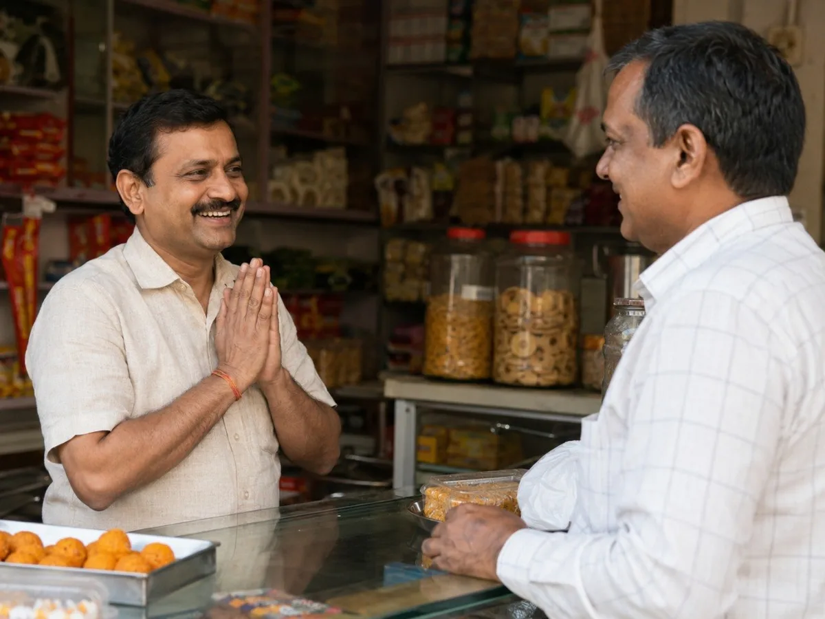 Indian sweet shop owner greeting a returning regular customer with a warm namaste at the counter, bringing repeat customers back with AI