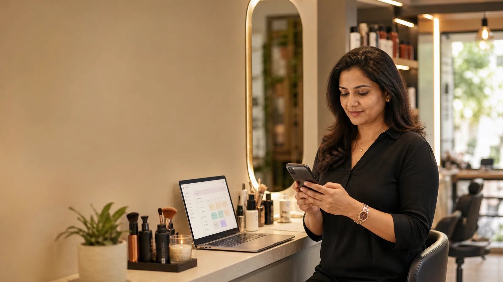 ভারতের একজন সেলুন মালিক সেলুন স্টেশনের পাশে বুকিং অনুসন্ধান দেখছেন