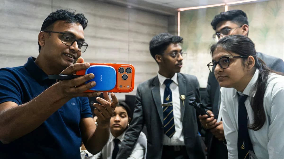 রাকেশ মণ্ডল কলেজের শিক্ষার্থীদের ফোনে AI দিয়ে তৈরি একটি অ্যাপ দেখাচ্ছেন