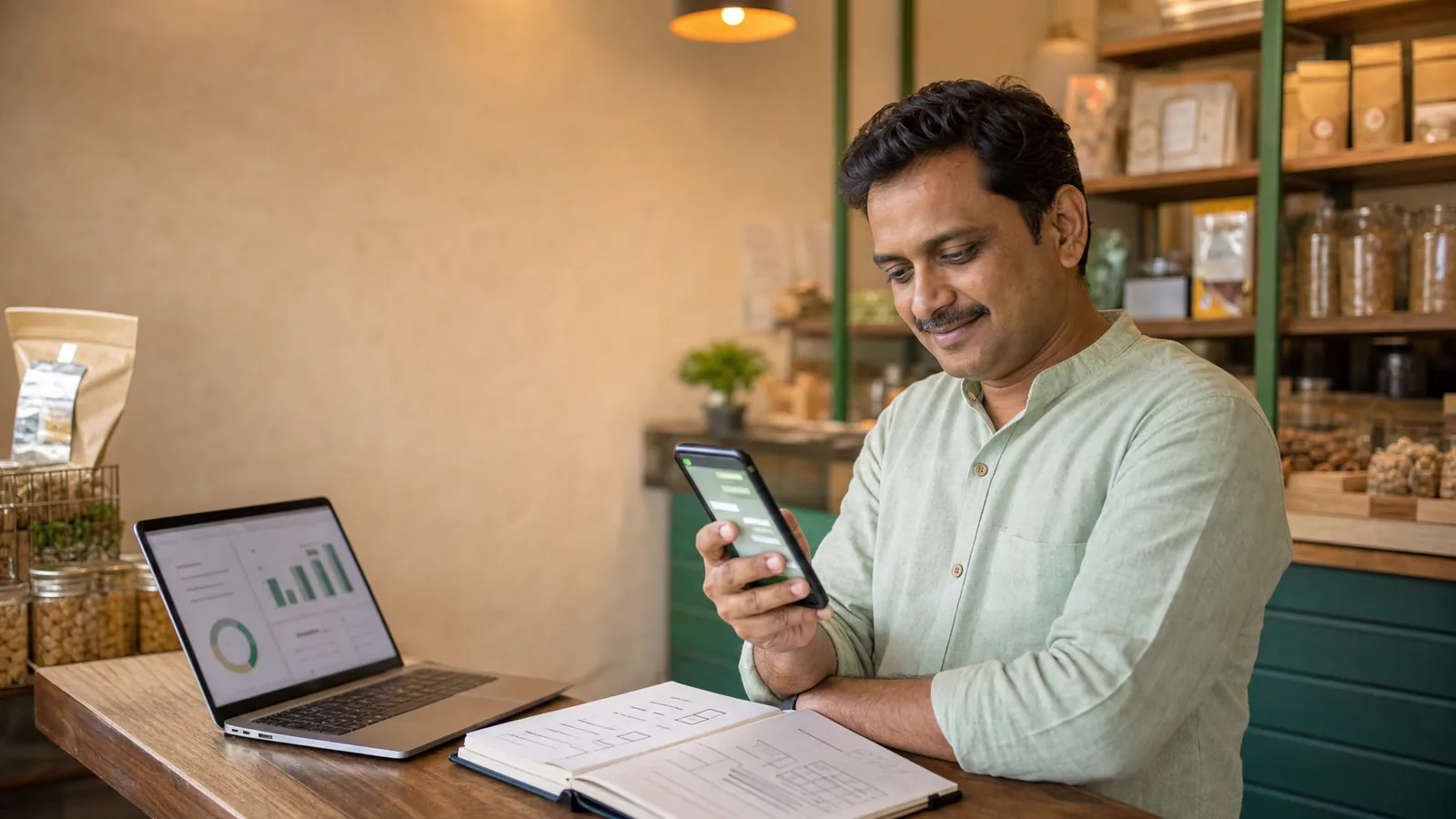 Indian small business owner using AI to respond to customer enquiries and plan local marketing